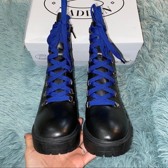 New Steve Madden Black Leather Royce Combat Boots - Picture 3 of 8